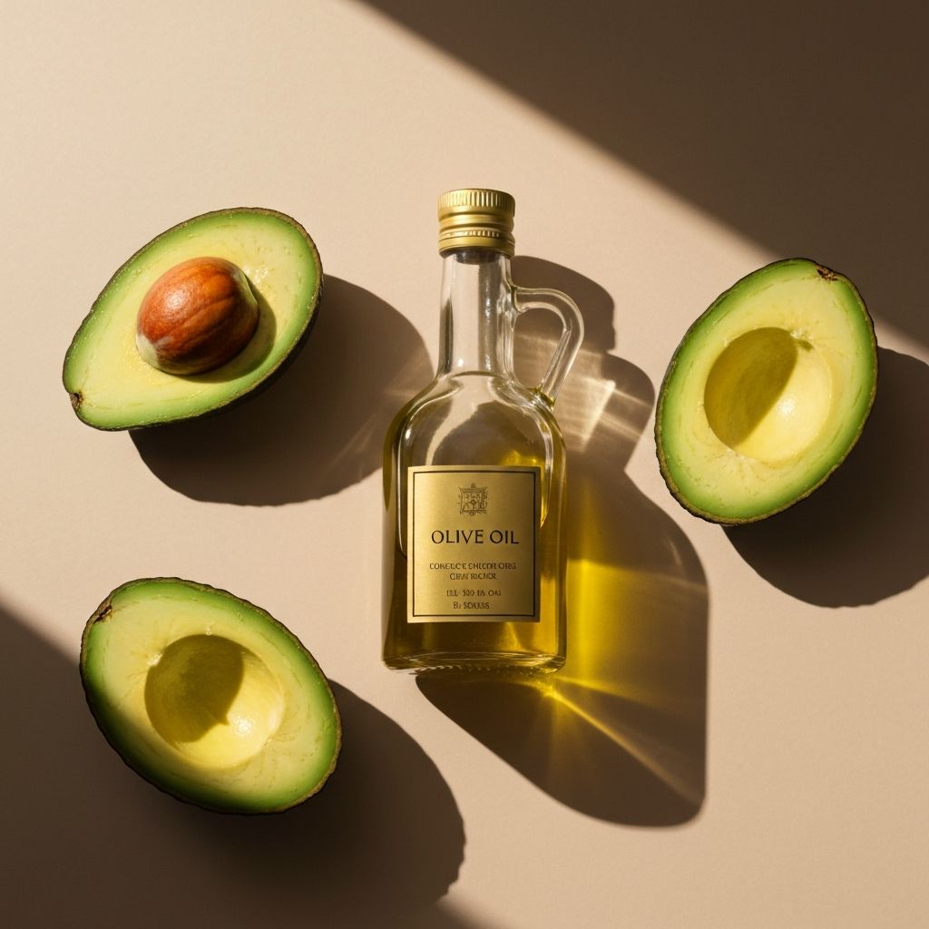 Avocado halves and olive oil in soft light
