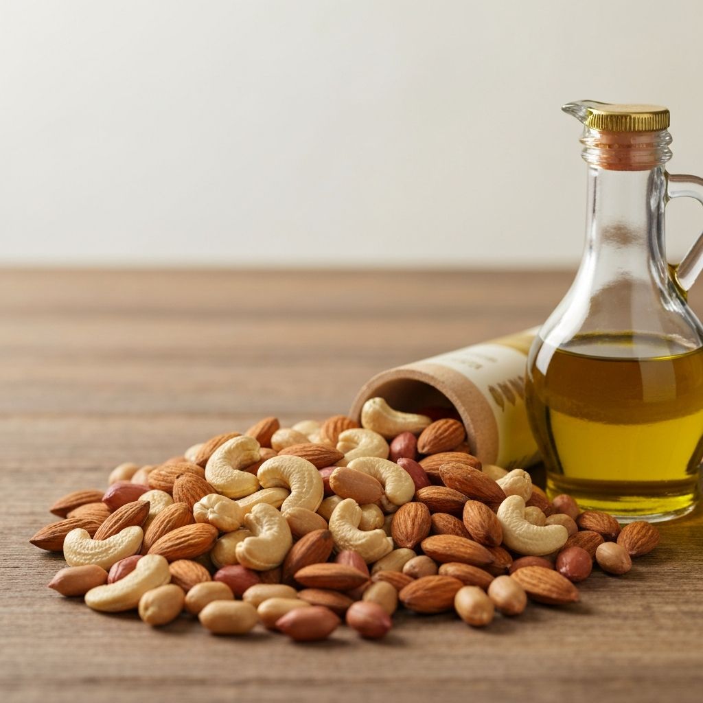 Mixed nuts and olive oil bottle