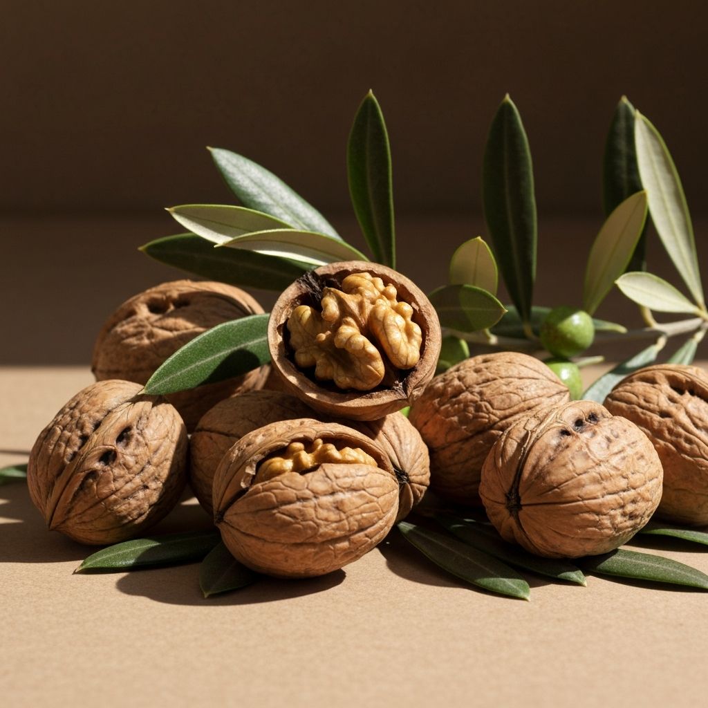 Walnuts and olive branch in natural light